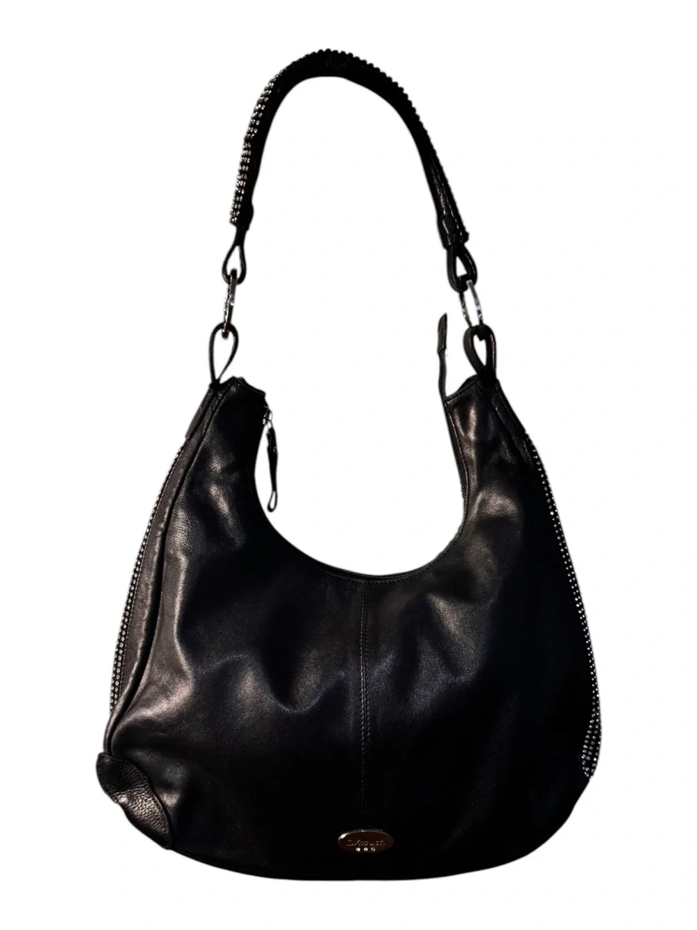DXtouch Black Leather Hobo Bag Rhinestone Embellished Slouchy Shoulder Purse